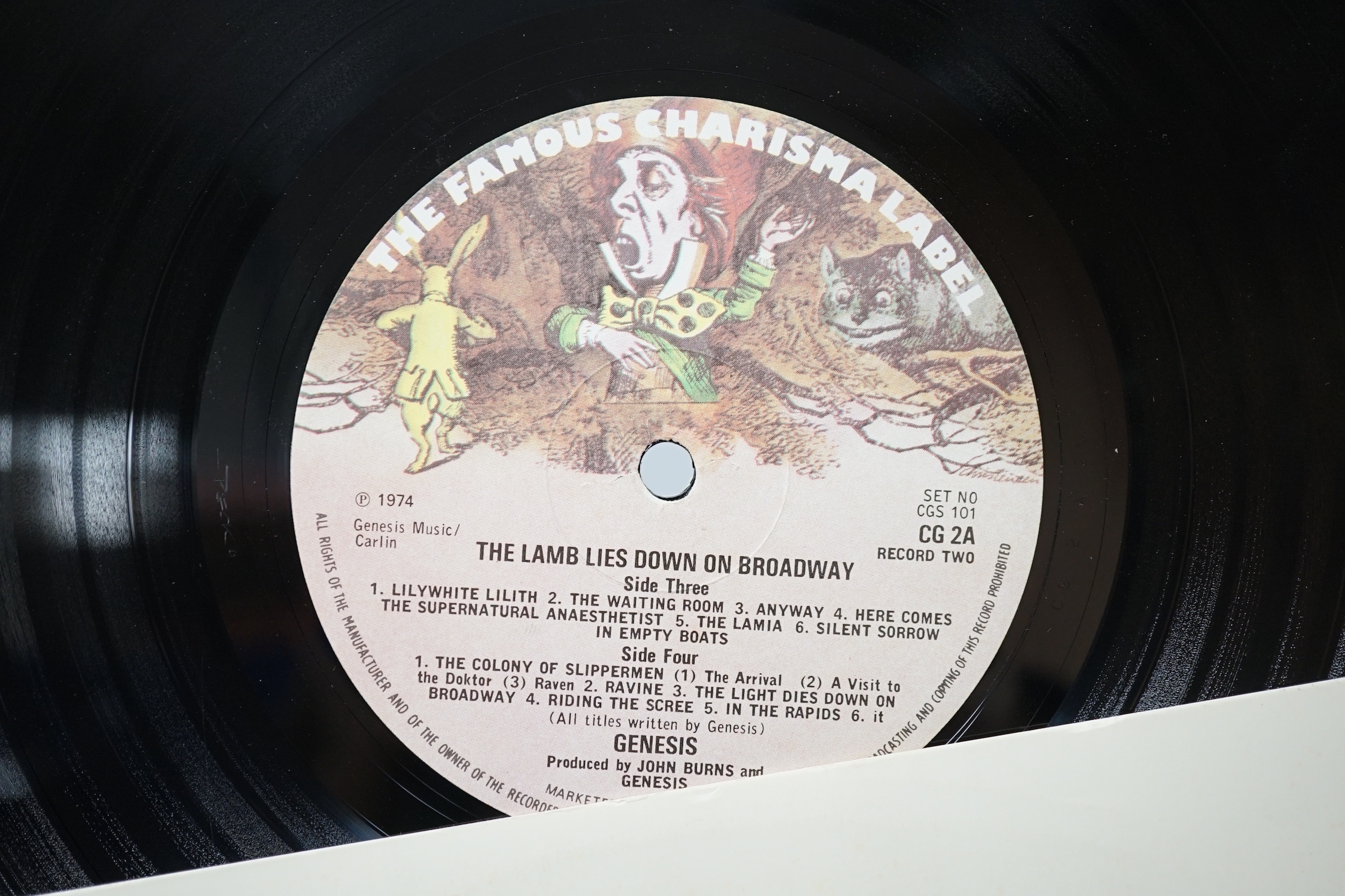 Two Genesis LP record albums; Nursery Cryme (CAS.1052) And the lamb lies down on Broadway (CG1A), both on Charisma